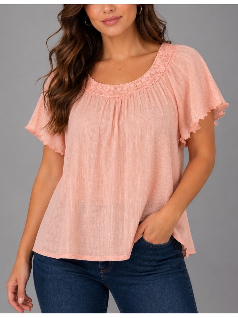 PEACE ANGEL • Peach Lace-Trim 100% Cotton Short-Sleeve Peasant Top, M